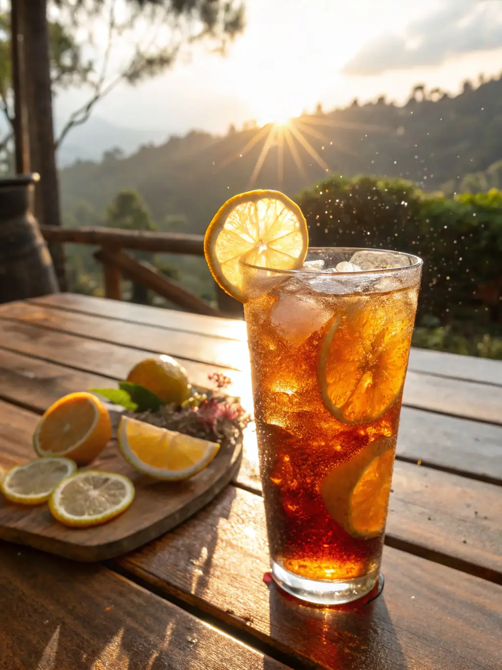 A tempting image of a cup of iced tea, garnished with a lemon slice, showcasing its cool and refreshing appeal, offered at Freshslice Pizza.