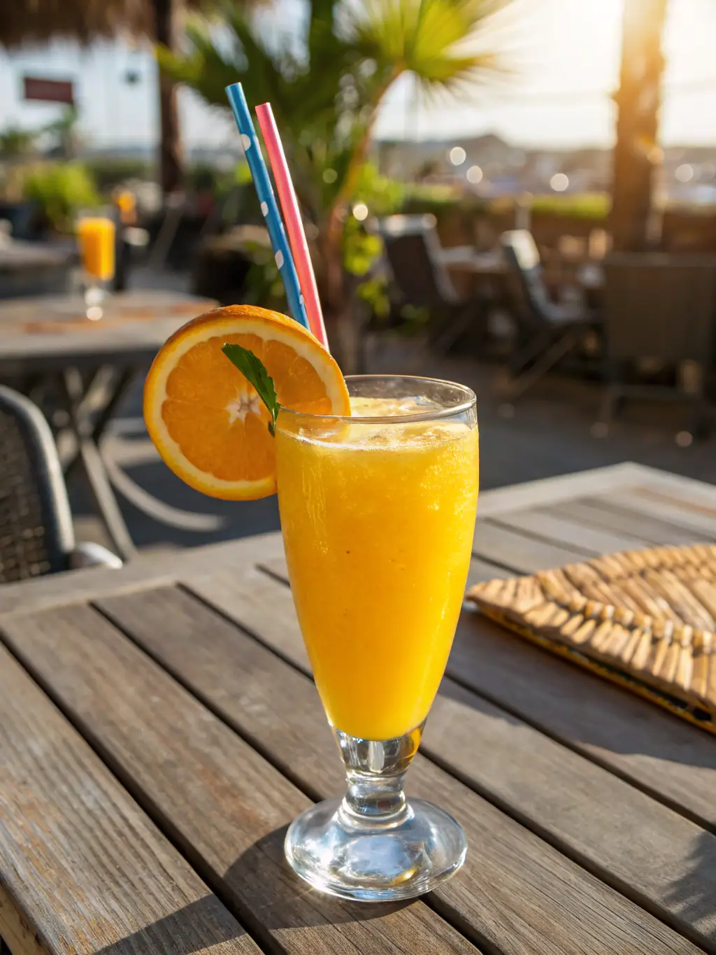 A vibrant image of a glass of orange juice, highlighting its natural color and pulp, served at a Freshslice Pizza location.