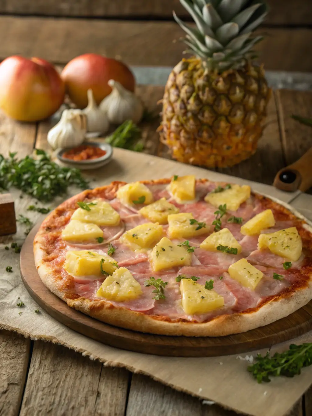 An appetizing image of a Hawaiian pizza with ham and pineapple toppings, showcasing the sweet and savory combination available at Freshslice Pizza.