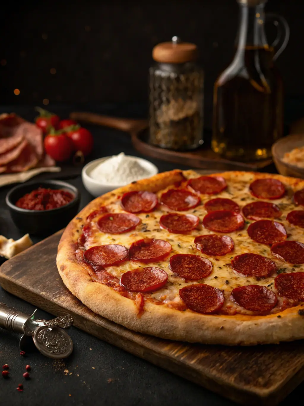 A close-up shot of a pepperoni pizza with melted cheese and crispy pepperoni slices, showcasing the classic pizza option on the Freshslice Pizza menu.