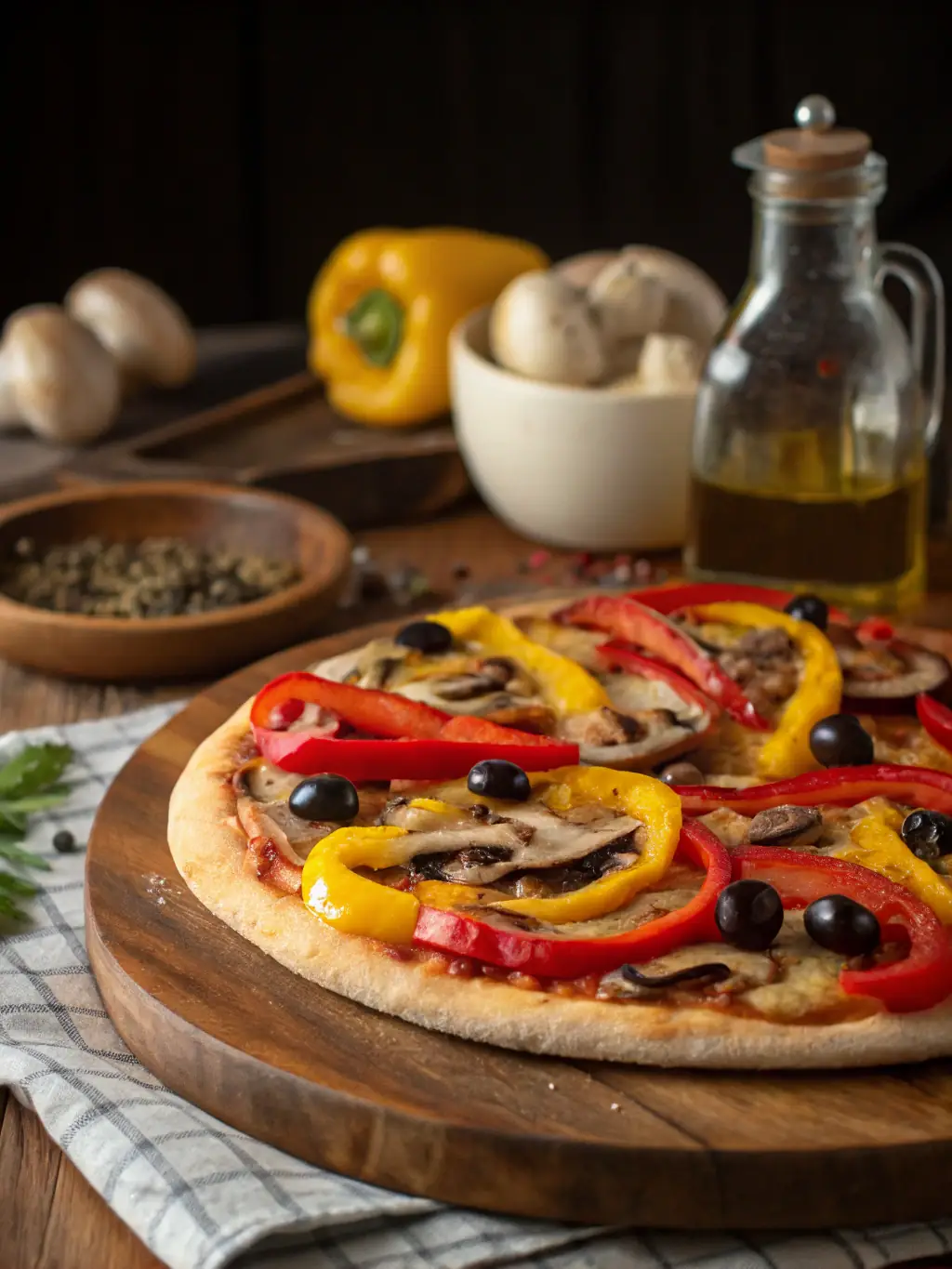 A vibrant image of a vegetarian pizza loaded with colorful vegetables like bell peppers, onions, mushrooms, and olives, highlighting the vegetarian options at Freshslice Pizza.