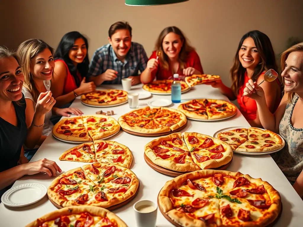 A visually appealing image of a large group of people enjoying different types of pizza together, emphasizing the social aspect of sharing a meal at Freshslice Pizza.