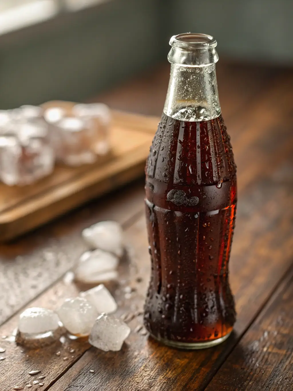 A close-up shot of a glass of Coca-Cola with ice, showcasing its refreshing bubbles and condensation, placed on a table at Freshslice Pizza.